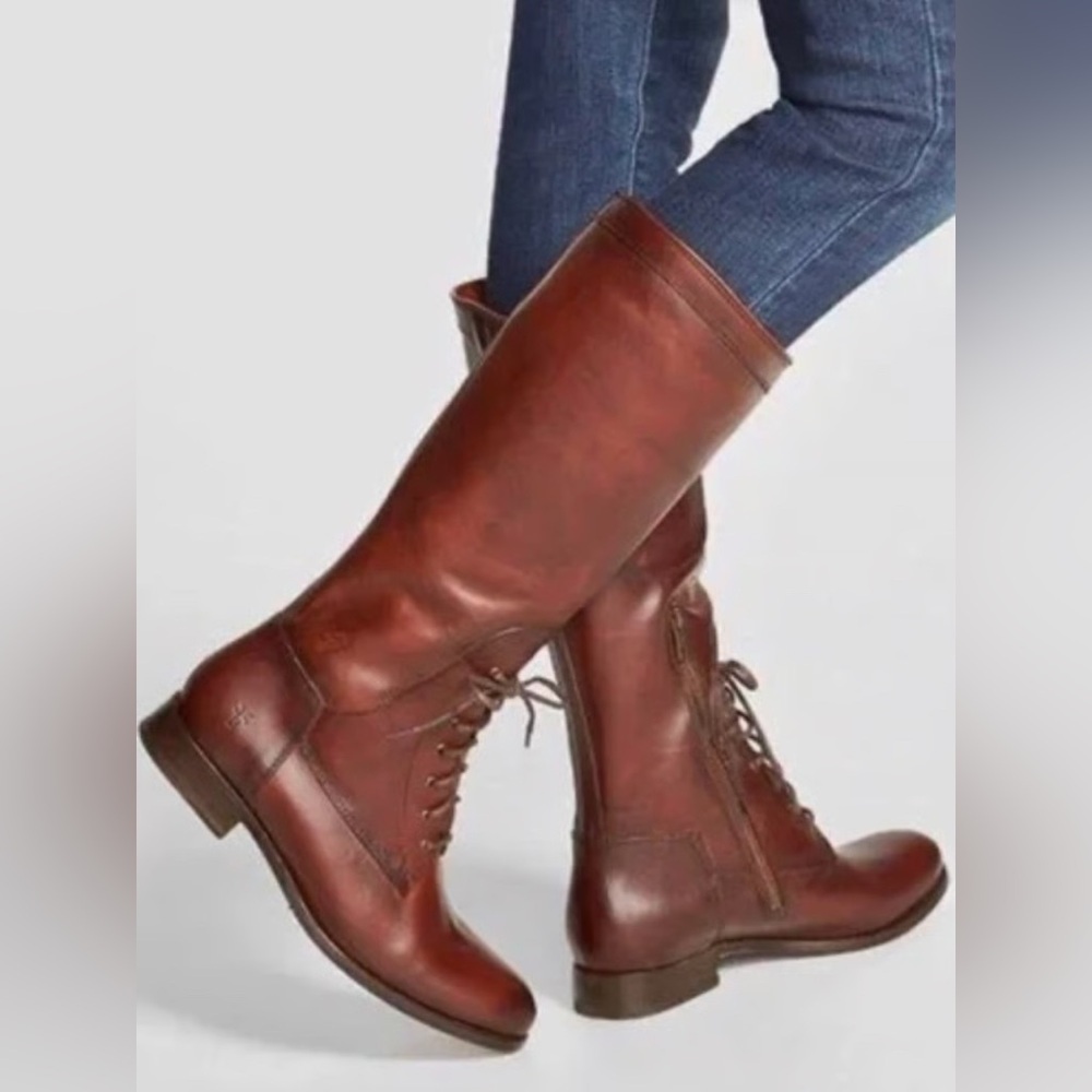 Frye Melissa Lace Up Riding Boots 6.5 Equestrian Brown Leather Vintage Redwood - Picture 2 of 11